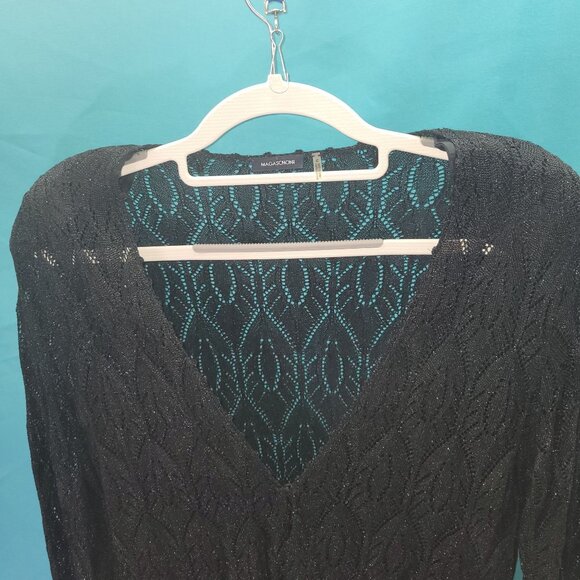 Magaschoni Black Lattice Knit V-Neck Long-Sleeve Sweater Top Womens Size M - Picture 2 of 11